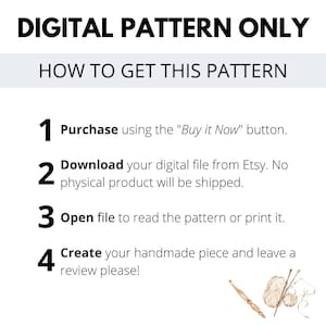 Puede incluir: Una gu&iacute;a de instrucciones para descargar un patr&oacute;n digital en cuatro pasos: comprar, descargar, abrir y crear. La imagen incluye un gr&aacute;fico de hilo y agujas de crochet.