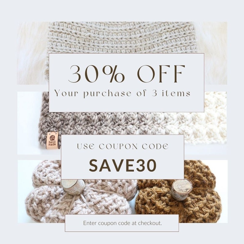 Puede incluir: Un anuncio de venta para art&iacute;culos de crochet. La imagen muestra un gorro de crochet, dos calabazas de crochet y texto que dice "30% DE DESCUENTO En tu compra de 3 art&iacute;culos USA EL C&Oacute;DIGO DE CUP&Oacute;N SAVE30 Introduce el c&oacute;digo de cup&oacute;n en la caja."