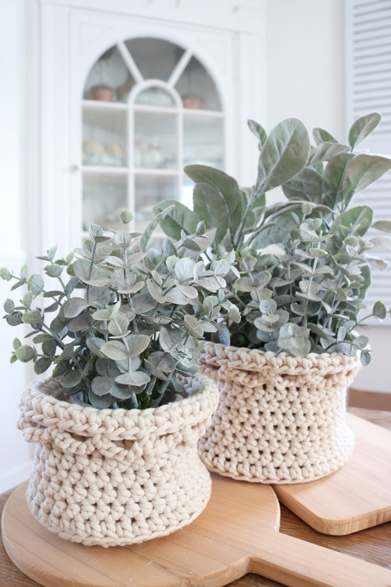 Puede incluir: Dos plantas en maceta con follaje verde plateado en cestas de ganchillo de color crema. Las cestas tienen un aspecto tejido texturizado. Las plantas descansan sobre una tabla de madera, con un armario blanco al fondo.