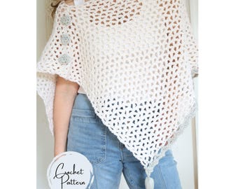 Crochet Shawl Pattern Easy Beginner Lace Crochet Wrap Women Classic Textured Asymmetrical Crochet Poncho Pattern Rectangle