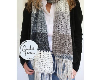 Patrón de bufanda de crochet para mujer, patrón de bufanda de crochet fácil, PDF de bufanda de crochet fácil, hilo ombré, detalle de flecos, elegante accesorio de invierno
