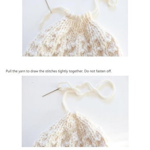 May include: Close-up of a white knitted beanie hat with a yarn needle and a long tail of yarn. The yarn is being threaded through the stitches to close the top of the hat. The text "Chunky Beanie Hat - Knitting Pattern" is visible at the bottom of the image.