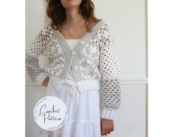 Crochet Granny Square Cardigan Pattern Neutral Granny Square Easy Crochet Cardigan Crop Sweater with Buttons PDF Instant Download