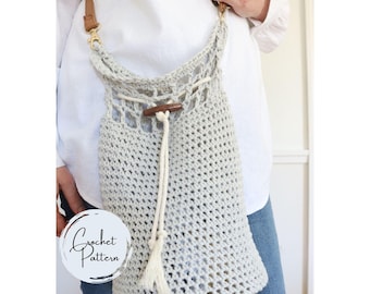 Crochet Bucket Bag Pattern Beginner Friendly Minimal Crochet Crossbody Bag Drawstring Purse with Round Base and Leather Strap