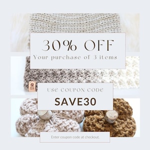 May include: A sale announcement for crocheted items. The image shows a crocheted hat, two crocheted pumpkins, and text that reads "30% OFF Your purchase of 3 items USE COUPON CODE SAVE30 Enter coupon code at checkout."