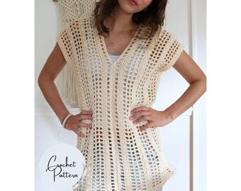 Crochet Beach Cover Up Pattern Boho Caftan V-Neck Tunic Crochet Summer Top Pattern Sleeveless Swimsuit Coverup