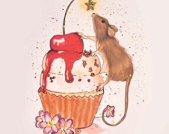 Single Card | Greeting Card | Mouse, Cupcake, Star Watercolor | Watercolor Card | Illustration Animal Art | Birthday Card | Thank You Card
