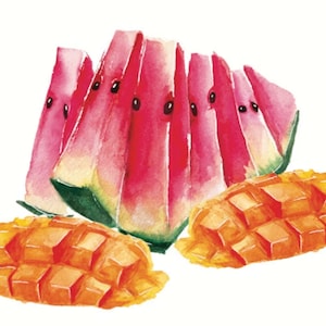 CARTÃO ÚNICO + Envelope | aguarela da fruta do verão cartão comemorativo | Arte Alimentar | aguarela cartão comemorativo | Arte com melancia e manga | Cartão em branco