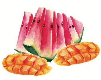 SINGLE CARD + Envelope | Summer Fruit Watercolor Card | Food Art | Watercolor Greeting Card | Watermelon and Mango Art | Blank Card