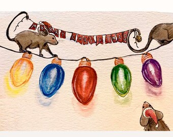 SINGLE CARD | Christmas Card | Holiday Card | Mice Illustration | Animal Illustration | Watercolor Greeting Card