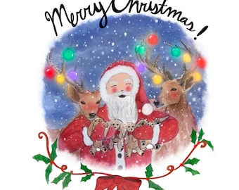 Single Card | Christmas Card | Holiday Greeting Card | Santa Bunnies | Christmas Animals | Watercolor Greeting Card |