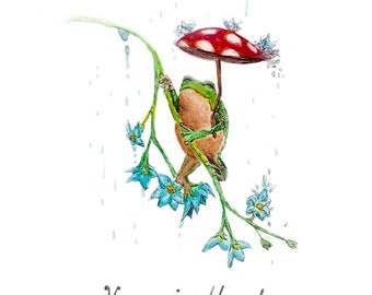 SINGLE CARD | Get Well Soon Card | Hang in There | Frog Art | Greeting Cards | Animal Art | Stationary