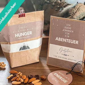 Outdoor Geschenk, Wandern Wanderlust Berge Mountains, Upcycling aus Einwegglas Tetrapak Konservendose, Download personalisierbar editierbar