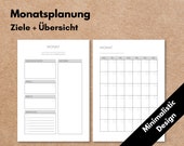 Monatsplanung, A5 1M1S Kalendereinlagen undatiert + Monatsziele + Deckblatt, Filofax Organizer Planer, Minimalistic Design, Download