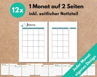 Monatsübersicht A5 1M2S Kalendereinlagen undatiert, Monatsplanung, Filofax Organizer Planer, Download