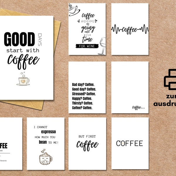 Lustige Kaffee-Karten zum Ausdrucken, Postkarten-Bundle