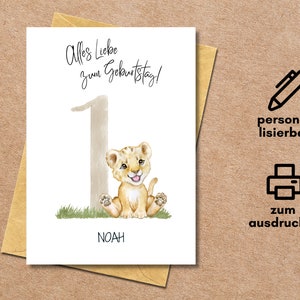 1. Geburtstag Karte Löwe personalisierbar zum Ausdrucken Druckvorlage