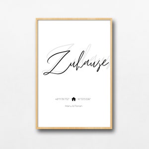 Personalisierbares Poster Zuhause mit Koordinaten zum Ausdrucken