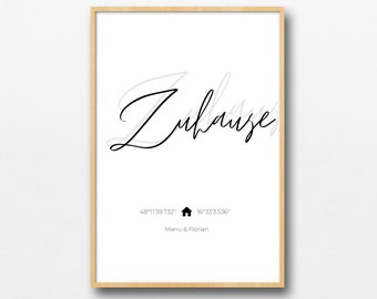 Personalisierbares Poster Zuhause mit Koordinaten zum Ausdrucken