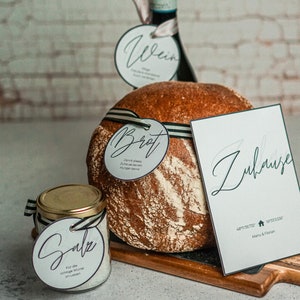 Einzugsgeschenk Salz Brot Wein Etiketten und personalisierbare Karte zum Ausdrucken