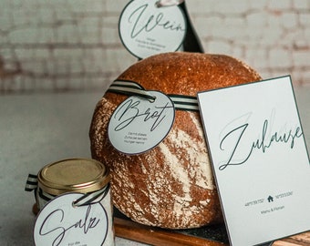 Einzugsgeschenk Salz Brot Wein Etiketten und personalisierbare Karte zum Ausdrucken