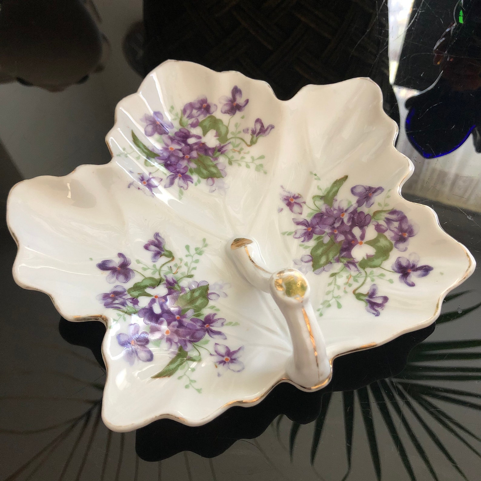 Vintage Leaf Shape Ceramic Candy Dish Decorated With Violets Etsy