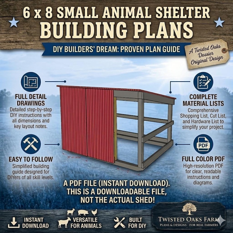 May include: Downloadable PDF plans for a 6 x 8 small animal shelter. The plans include detailed drawings, material lists, and are easy to follow. The design is versatile for animals and built for DIY projects.