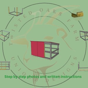 May include: An illustration of a building project with step-by-step photos and written instructions. The main structure is a red-sided shed with a grey roof. Surrounding the shed are diagrams of the building process. The text "Twisted Oaks Farm Union Designs" is in a circular pattern.