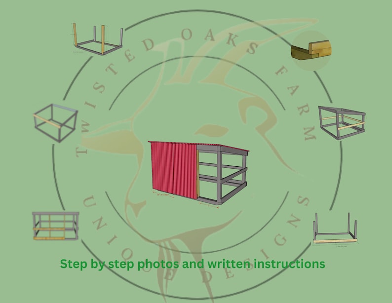 May include: An illustration of a building project with step-by-step photos and written instructions. The main structure is a red-sided shed with a grey roof. Surrounding the shed are diagrams of the building process. The text "Twisted Oaks Farm Union Designs" is in a circular pattern.