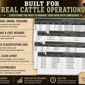 May include: A digital cattle management system with the text "BUILT FOR REAL CATTLE OPERATIONS." Features include individual animal tracking, purchase records, breed logs, and a customizable layout. The image includes cattle and data tables.