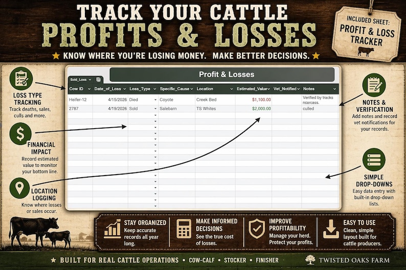 May include: A graphic showing a cattle profit and loss tracker. The text reads "Track Your Cattle Profits & Losses." Features include loss type tracking, financial impact, and location logging. Includes a profit and loss tracker sheet.