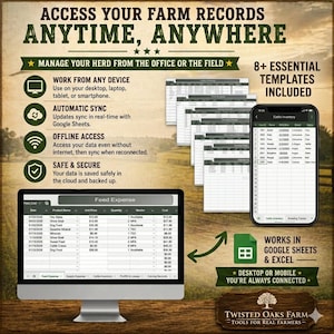 May include: Promotional image for farm record-keeping software. The image shows a computer monitor, smartphone, and several spreadsheets. Text on the image reads "Access Your Farm Records Anytime, Anywhere" and "Manage Your Herd From The Office Or The Field."