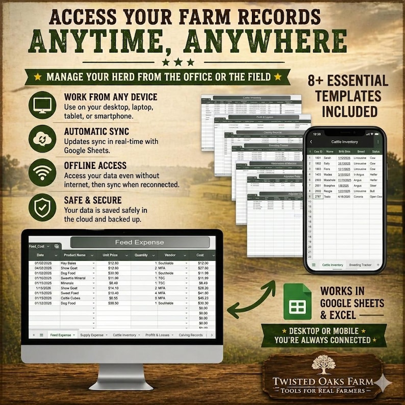 May include: Promotional image for farm record-keeping software. The image shows a computer monitor, smartphone, and several spreadsheets. Text on the image reads "Access Your Farm Records Anytime, Anywhere" and "Manage Your Herd From The Office Or The Field."