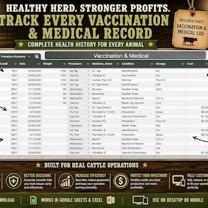 May include: Digital record-keeping system for cattle operations. The image shows a detailed spreadsheet for tracking vaccinations, medical records, and costs. Includes a cow illustration and text: "Healthy Herd. Stronger Profits."