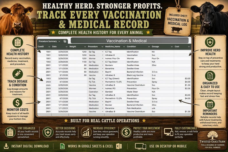 May include: Digital record-keeping system for cattle operations. The image shows a detailed spreadsheet for tracking vaccinations, medical records, and costs. Includes a cow illustration and text: "Healthy Herd. Stronger Profits."