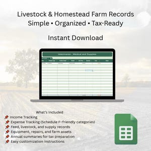 Puede incluir: Una computadora portátil muestra una hoja de cálculo titulada "Veterinario, Médico y Suministros". El texto superior dice "Livestock & Homestead Farm Records" y "Descarga instantánea". Incluye seguimiento de ingresos, gastos y resúmenes fiscales. Un icono de documento verde está en la parte inferior derecha.