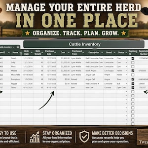 May include: A digital cattle inventory management system with a user-friendly interface. The image features a spreadsheet layout for tracking animal records, costs, and breeds. The text includes "Manage Your Entire Herd In One Place."