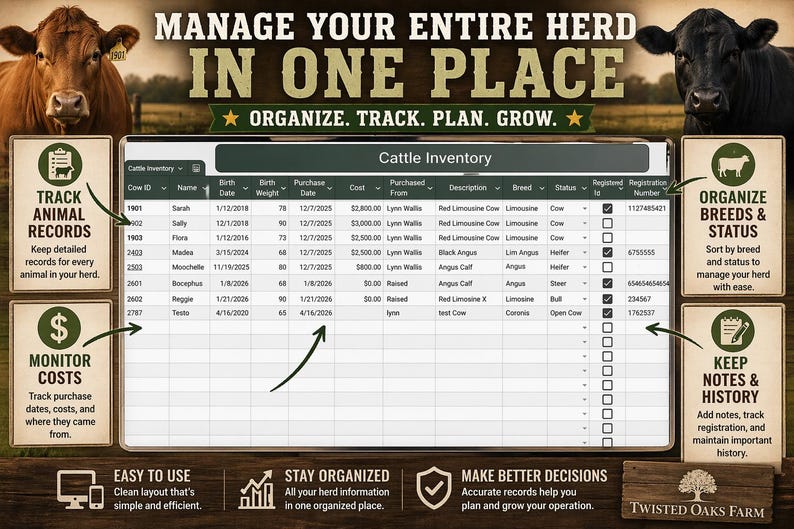 May include: A digital cattle inventory management system with a user-friendly interface. The image features a spreadsheet layout for tracking animal records, costs, and breeds. The text includes "Manage Your Entire Herd In One Place."
