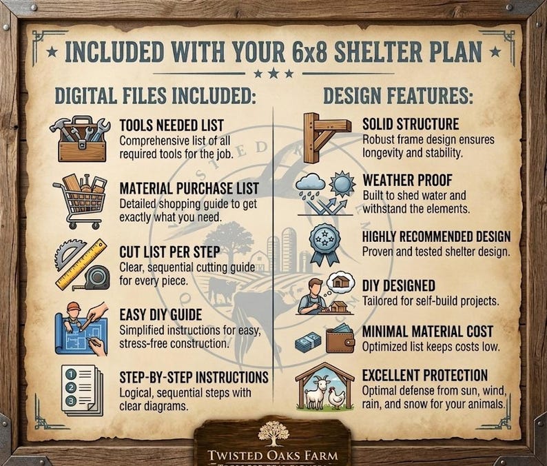 May include: A wooden sign with text detailing a 6x8 shelter plan. The sign lists digital files and design features, including tools needed, material purchase list, cut list, easy DIY guide, and step-by-step instructions. Design features include solid structure and weather proofing.