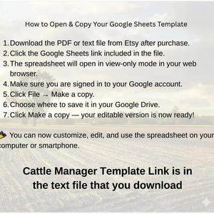 May include: A white background with text explaining how to open and copy a Google Sheets template. Instructions include downloading a PDF, clicking a link, and making a copy. The text also mentions customizing the spreadsheet on a computer or smartphone.