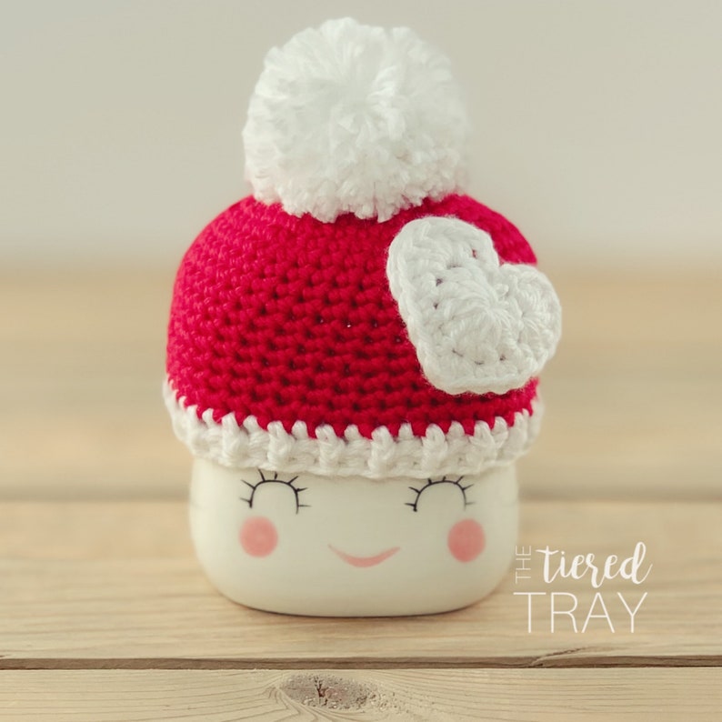 Red and White Crochet Marshmallow Mug Valentine Hat Tier Tray Decor Rustic Decor Valentine\u2019s Day Decor