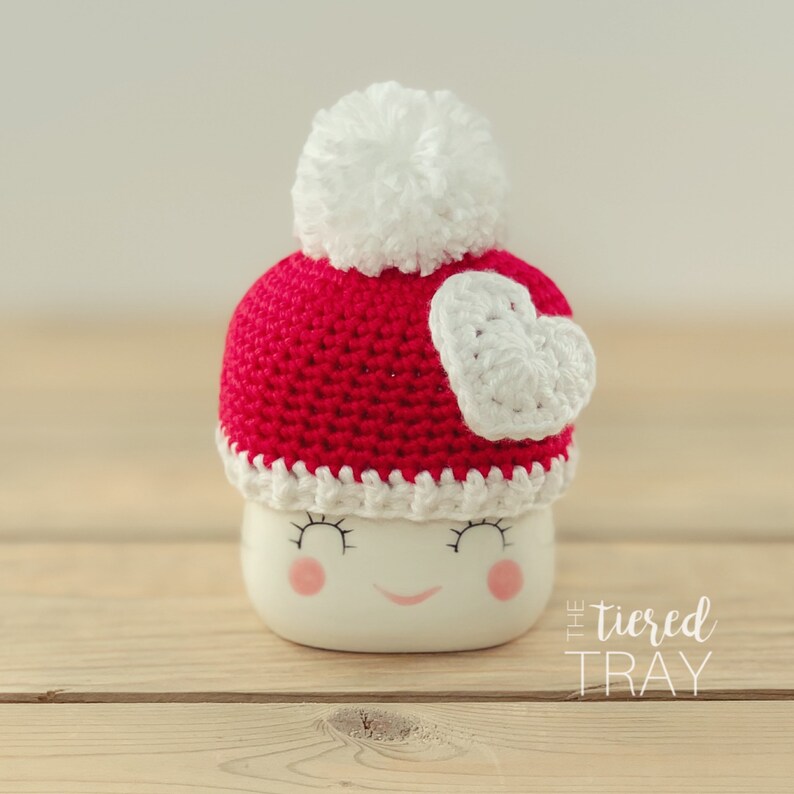 Red and White Crochet Marshmallow Mug Valentine Hat Tier Tray Decor Rustic Decor Valentine\u2019s Day Decor