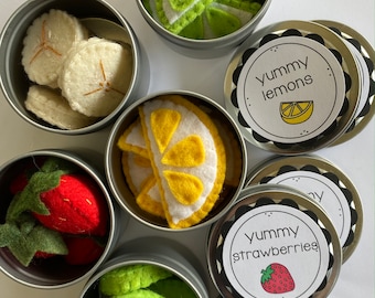 Sale-Felt Fruit/Toy Food Cans/Felt Fruit Set/Felt Strawberries/Felt Bananas/Felt Kiwi/Felt Lemons/Felt Limes