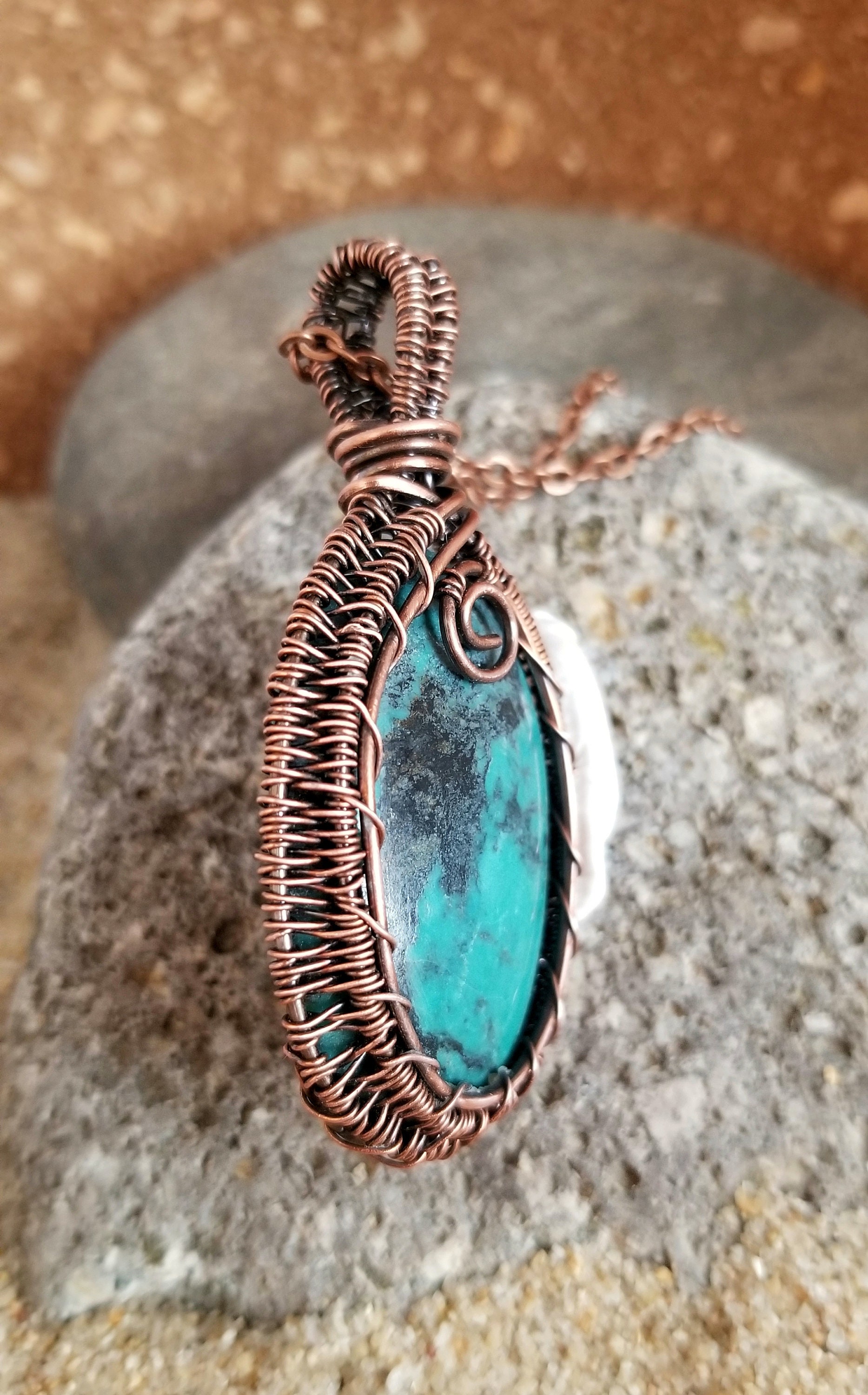 Copper Wire Wrapped Turquoise Pendant With 24 Inch Copper Chain