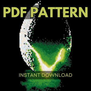 May include: A digital download PDF pattern for a green and white pixel art design. The design features a crescent moon shape with a glowing green and white checkmark inside. The text "PDF PATTERN" is at the top of the image and "INSTANT DOWNLOAD" is at the bottom.