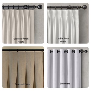 May include: Four different curtain header styles are shown: Double French Pleats, Double Pinch Pleats, Inverted Pleats, and Grommets. Each style is shown with a white or beige curtain.