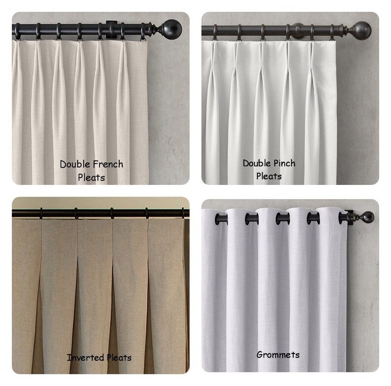 May include: Four different curtain header styles are shown: Double French Pleats, Double Pinch Pleats, Inverted Pleats, and Grommets. Each style is shown with a white or beige curtain.