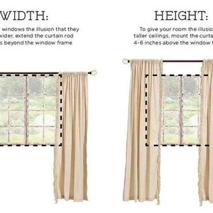 May include: Two illustrations showing how to hang curtains to create the illusion of wider windows or taller ceilings. The left image shows a window with curtains hung 3-6 inches wider than the window frame. The right image shows a window with curtains hung 4-6 inches above the window frame.
