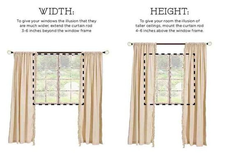 May include: Two illustrations showing how to hang curtains to create the illusion of wider windows or taller ceilings. The left image shows a window with curtains hung 3-6 inches wider than the window frame. The right image shows a window with curtains hung 4-6 inches above the window frame.