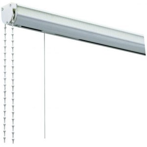 May include: White window blind with a chain pull mechanism. The blind is mounted to the ceiling and has a white metal casing.